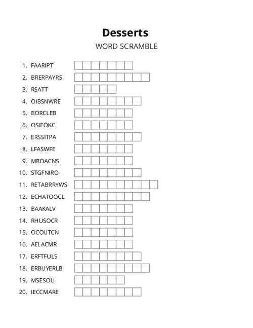 Desserts Word Scramble Puzzle