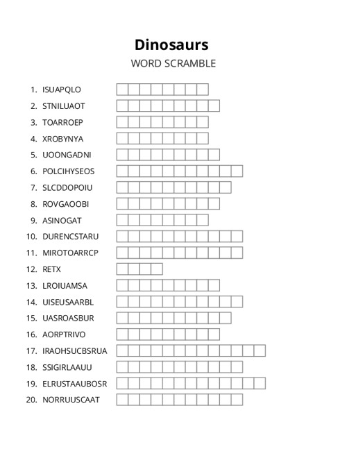 Dinosaurs Word Scramble Puzzle