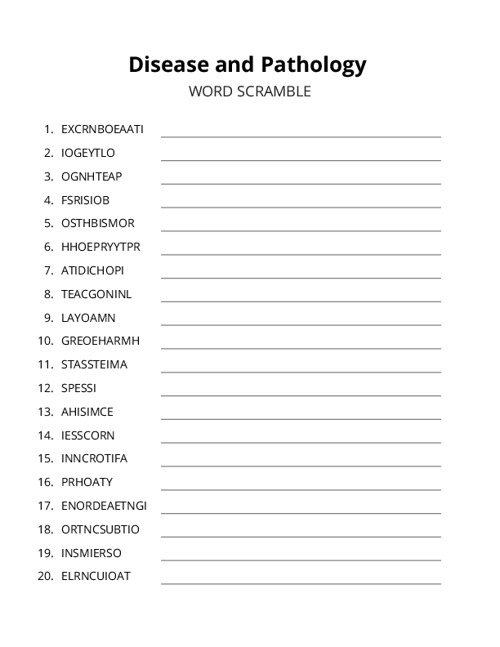 Disease and Pathology Word Scramble Puzzle