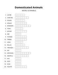 Domesticated Animals word scramble puzzle