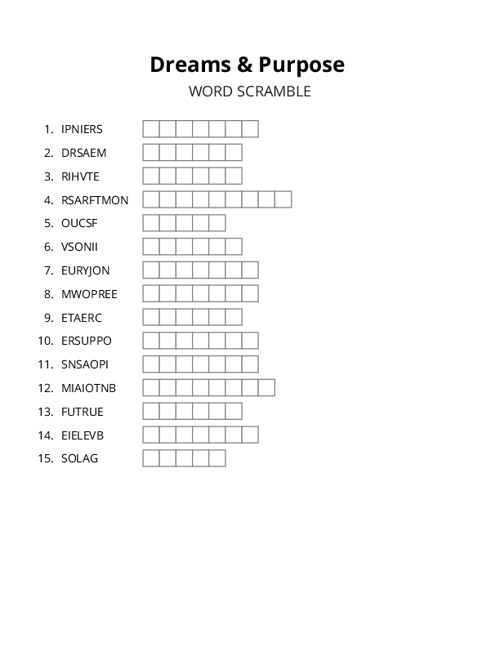 Dreams & Purpose Word Scramble Puzzle