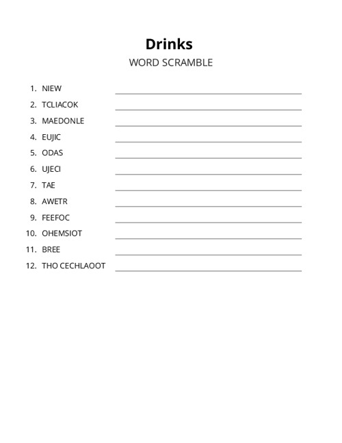 Drinks Word Scramble Puzzle