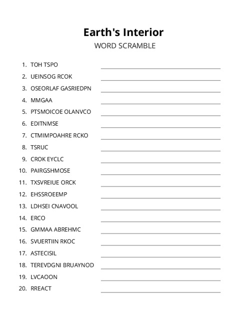Earth's Interior Word Scramble Puzzle