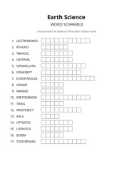 Earth Science word scramble puzzle