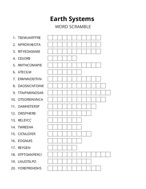 Earth Systems Word Scramble Puzzle