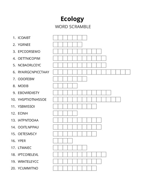 Ecology Word Scramble Puzzle