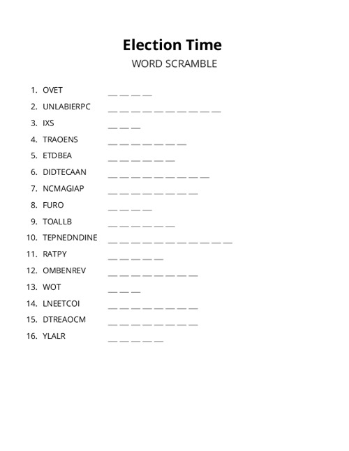 Election Time Word Scramble Puzzle