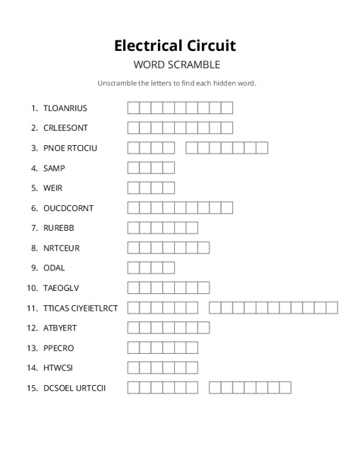 Electrical Circuit Word Scramble Puzzle