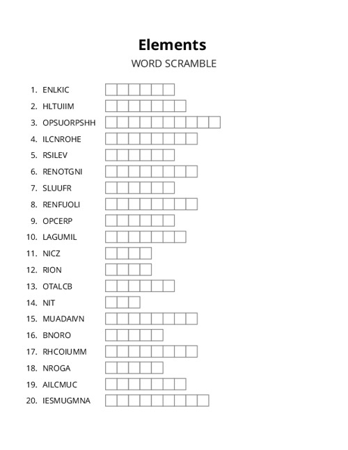 Elements Word Scramble Puzzle