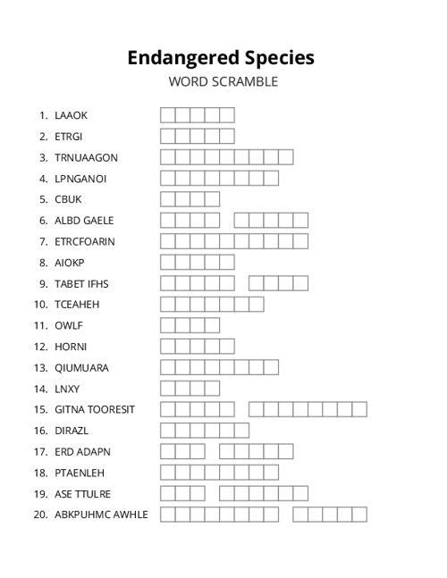 Endangered Species Word Scramble Puzzle