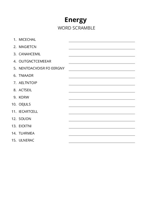 Energy Word Scramble Puzzle