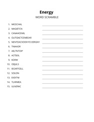 Energy word scramble puzzle