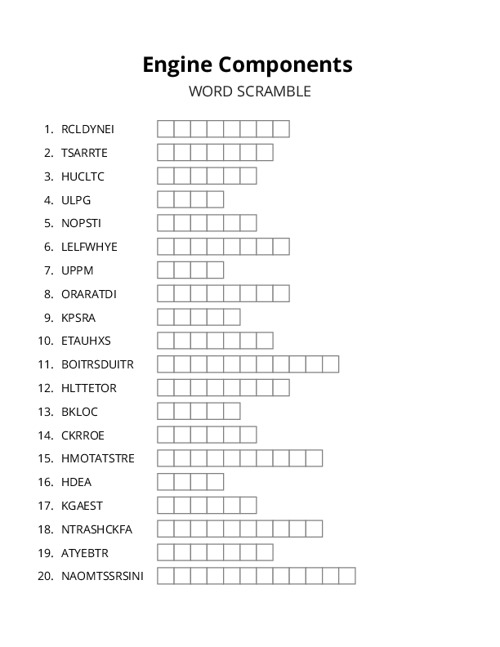 Engine Components Word Scramble Puzzle