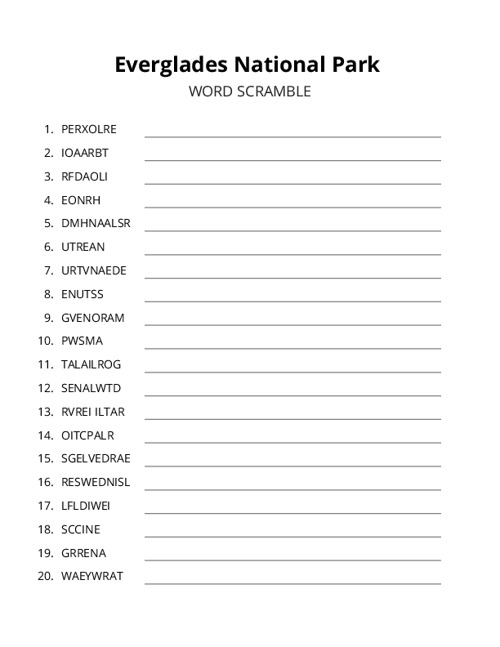 Everglades National Park Word Scramble Puzzle
