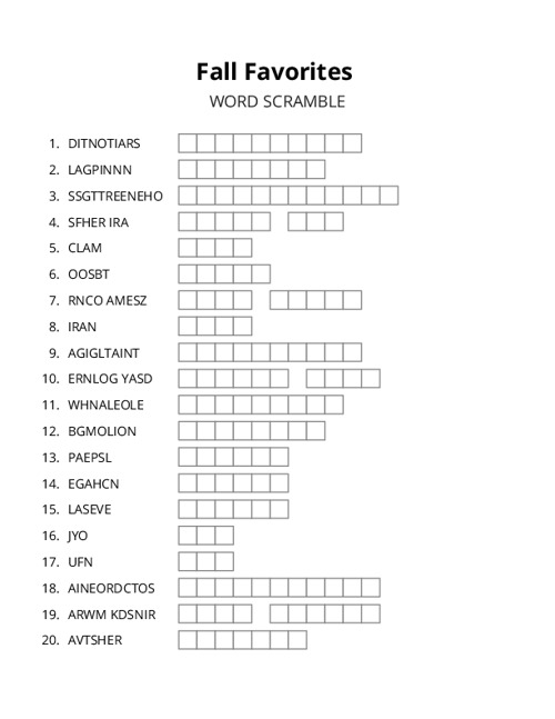 Fall Favorites Word Scramble Puzzle
