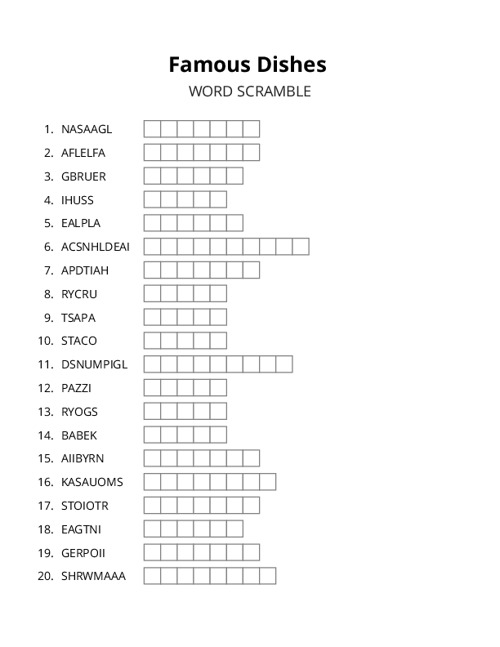 Famous Dishes Word Scramble Puzzle