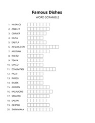 Famous Dishes word scramble puzzle
