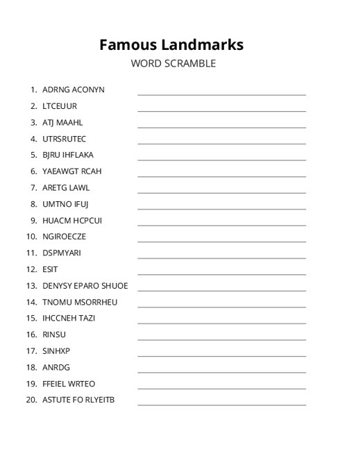 Famous Landmarks Word Scramble Puzzle