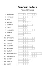 Famous Leaders word scramble puzzle