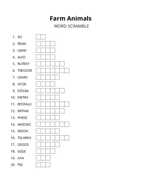 Farm Animals Word Scramble Puzzle