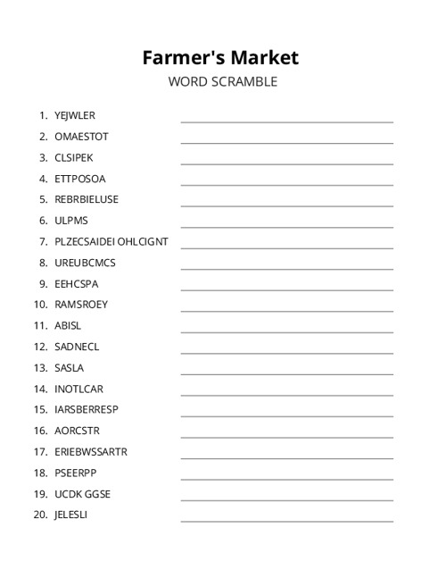Farmers Market Word Scramble Puzzle