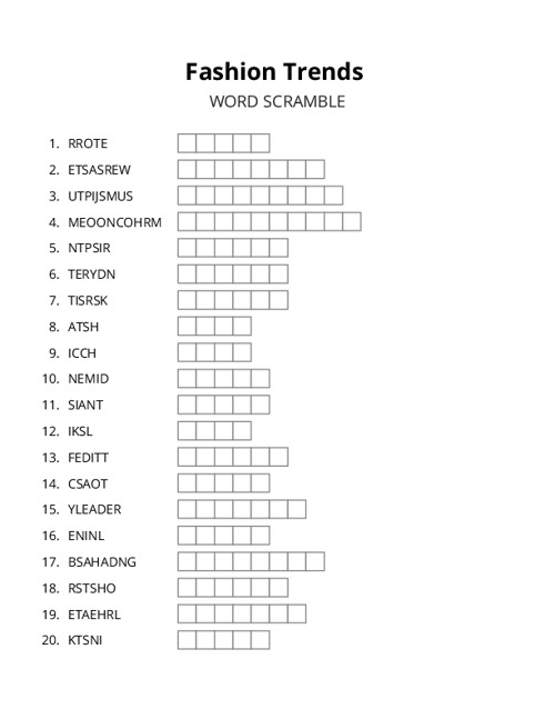Fashion Trends Word Scramble Puzzle