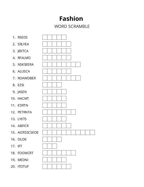 Fashion Word Scramble Puzzle