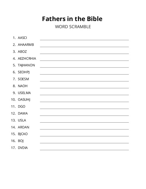 Fathers in the Bible Word Scramble Puzzle