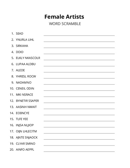 Female Artists Word Scramble Puzzle