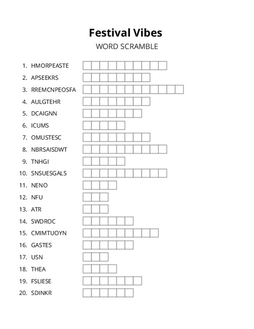 Festival Vibes Word Scramble Puzzle