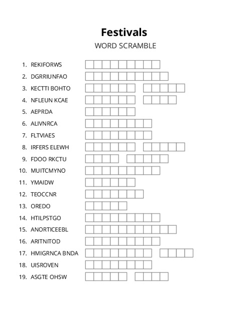 Festivals Word Scramble Puzzle