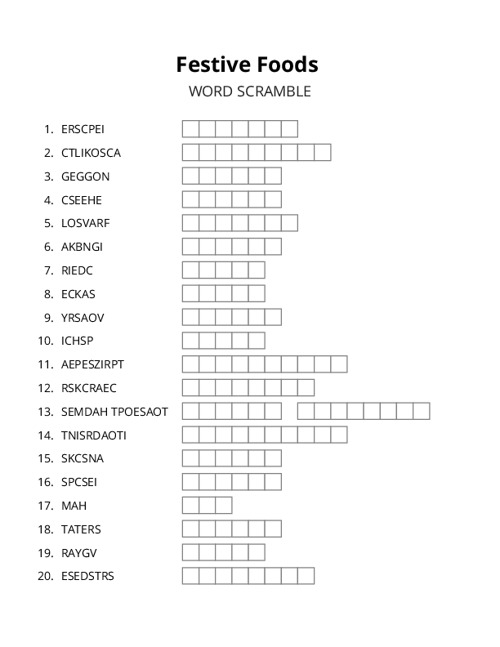 Festive Foods Word Scramble Puzzle