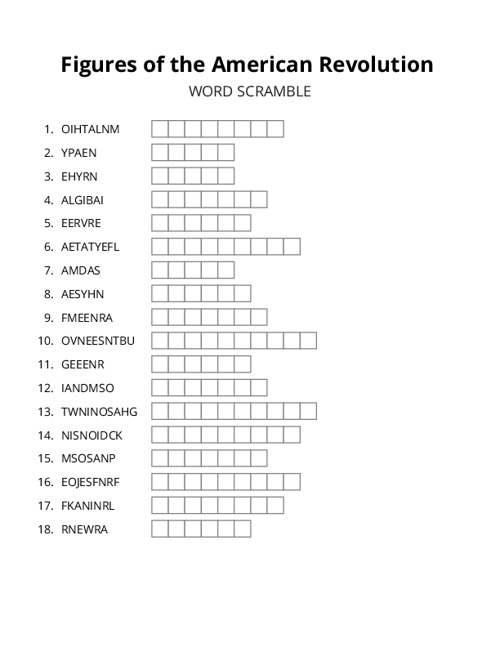 Figures of the American Revolution Word Scramble Puzzle