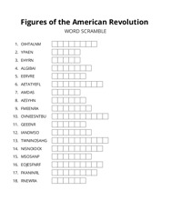 Figures of the American Revolution word scramble puzzle