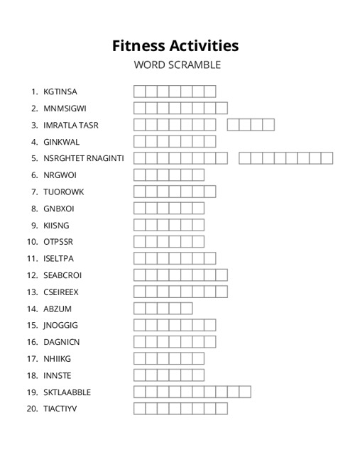 Fitness Activities Word Scramble Puzzle