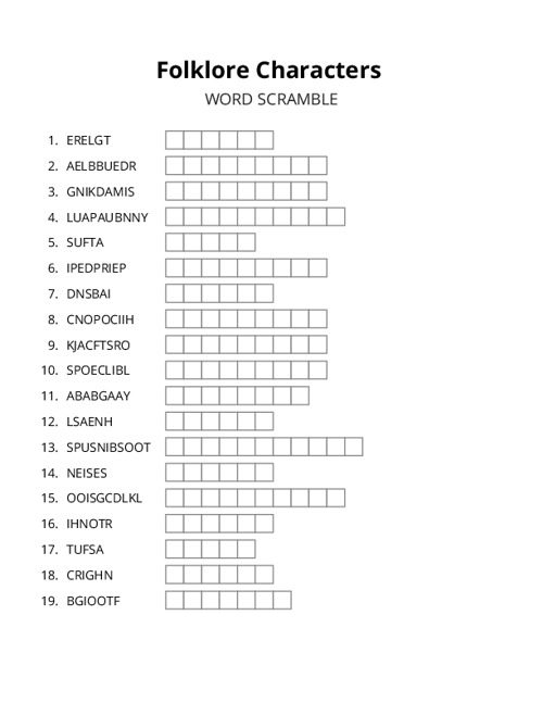Folklore Characters Word Scramble Puzzle