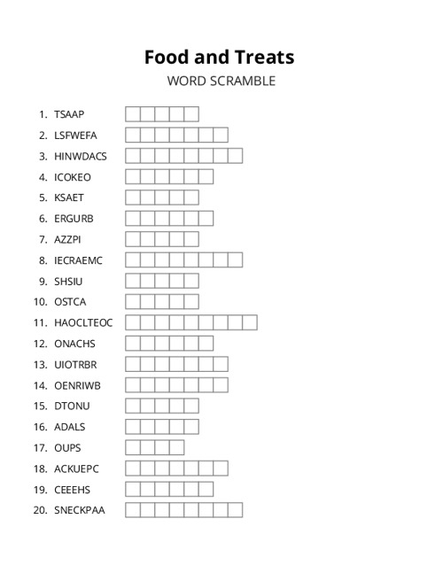 Food and Treats Word Scramble Puzzle
