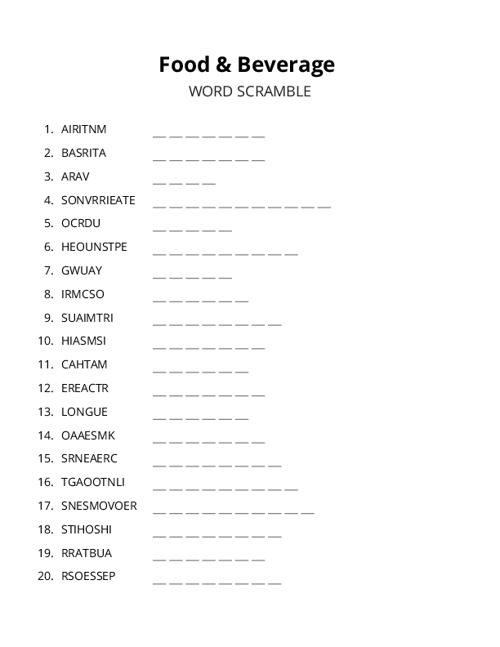 Food & Beverage Word Scramble Puzzle