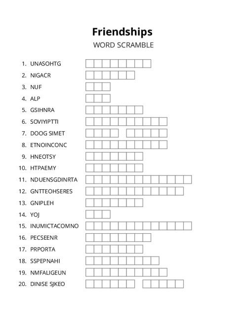 Friendships Word Scramble Puzzle