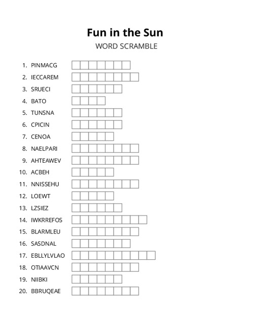 Fun in the Sun Word Scramble Puzzle