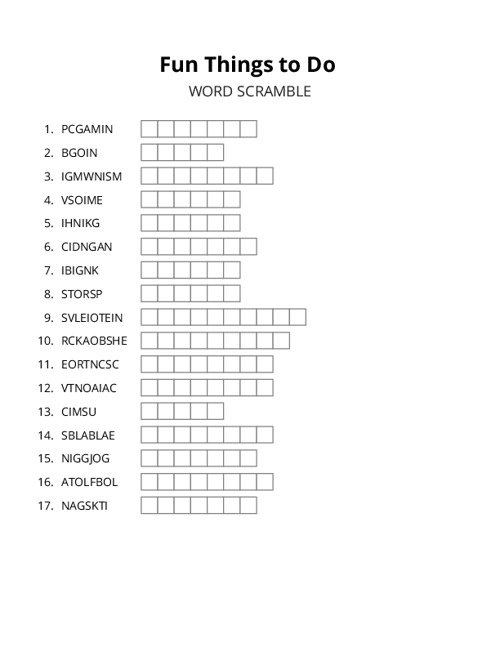 Fun Things to Do Word Scramble Puzzle