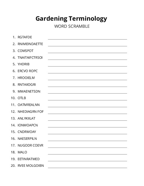 Gardening Terminology Word Scramble Puzzle