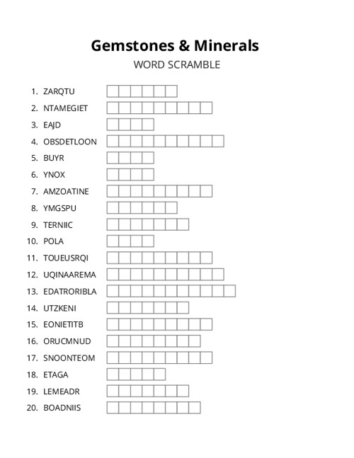 Gemstones & Minerals Word Scramble Puzzle