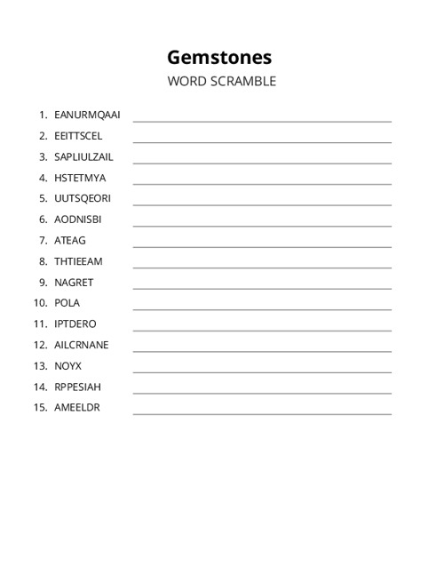 Gemstones Word Scramble Puzzle