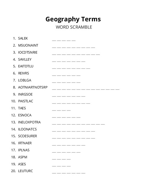 Geography Terms Word Scramble Puzzle