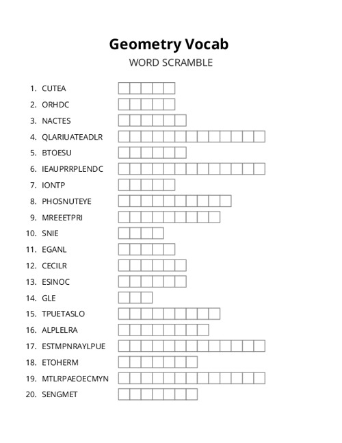 Geometry Vocab Word Scramble Puzzle