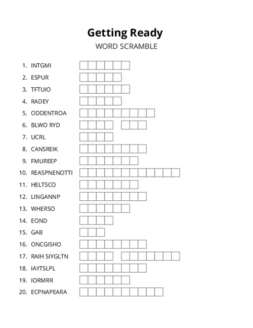 Getting Ready Word Scramble Puzzle