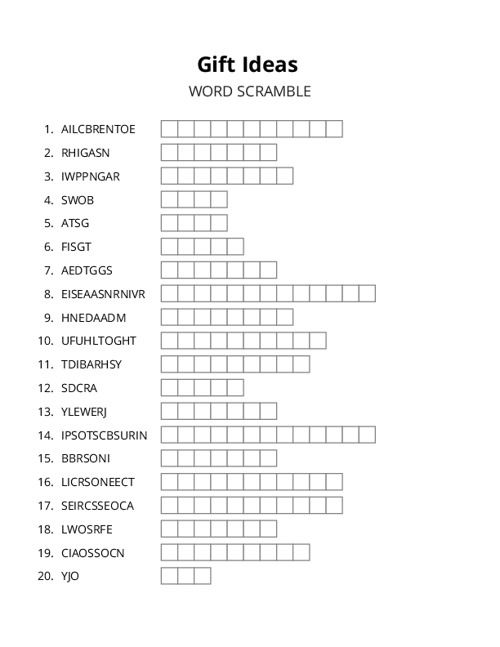 Gift Ideas Word Scramble Puzzle