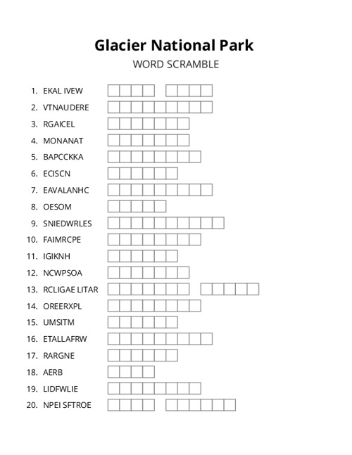 Glacier National Park Word Scramble Puzzle