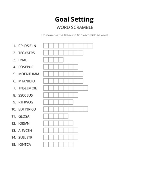 Goal Setting Word Scramble Puzzle